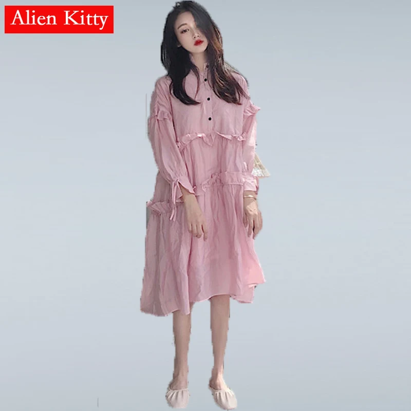 

Alien Kitty Summer Vintage Women Sweet Fresh Retro Full Sleeve Stylish Ruffles Elegant All-Match Casual Mid-Calf Dress 2 Colors