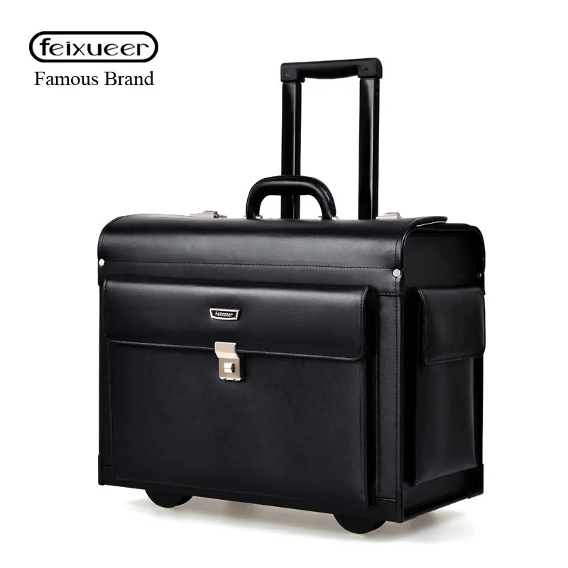 

feixueer Luxury Business Leather Trolley Suitcase Pilot Captain Rolling Luggage Mens Travel Case Women 17 Inch Brown