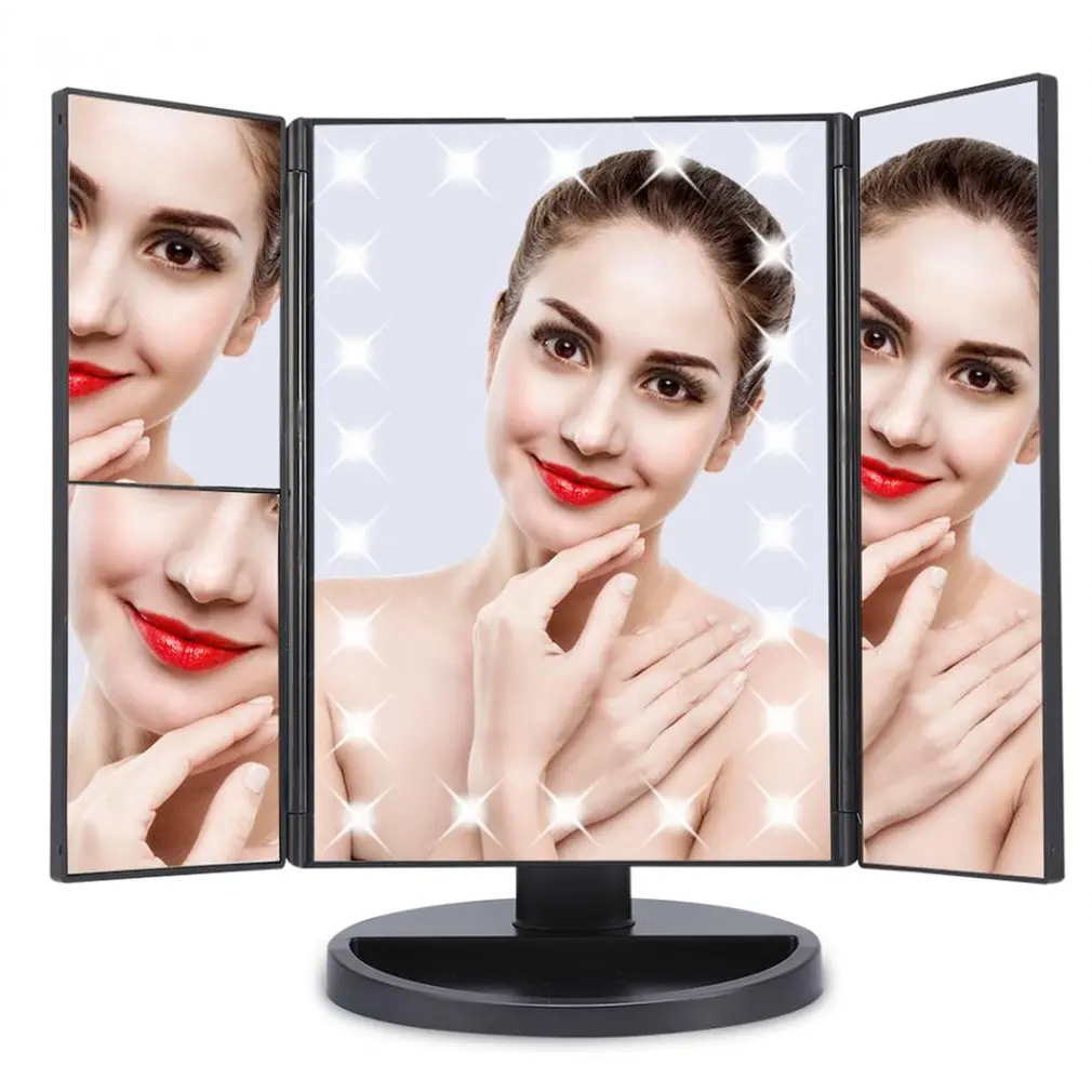 

LED Desktop Three Fold Makeup Mirror180 Degree Free Rotation Table Countertop Cosmetic Bathroom