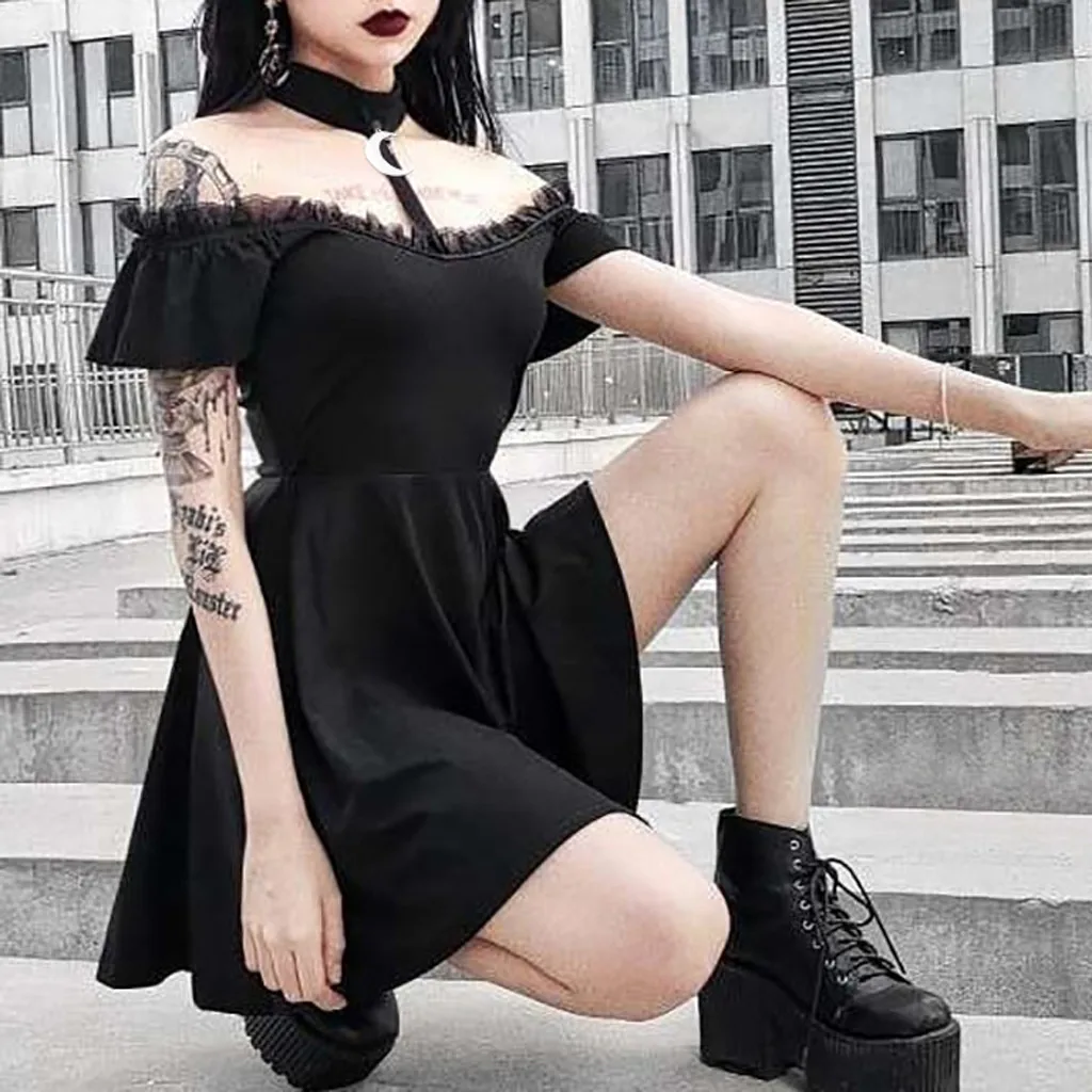 Новое Женское хорошее платье в стиле панк темно-черные изделия Готический стиль ретро без Бретелек Кружевное сексуальное платье халат femme 40