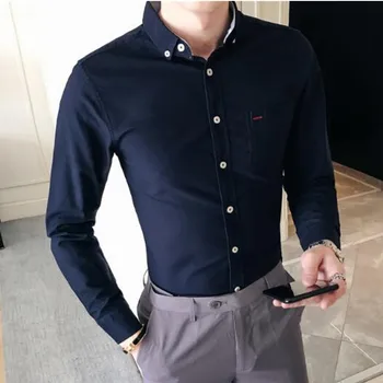 

Spring and summer casual shirt men's long-sleeved shirt cotton small square collar fashion Slim solid color shirt men's cotton