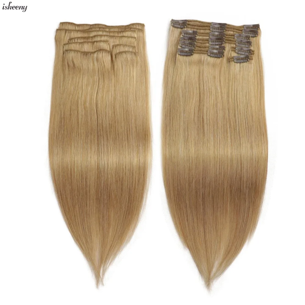 Isheeny Remy Clip in Human Hair Extensions Dark Blonde Color 27# Thick Double Weft Brazilian Hair Clip ins Full Head Set