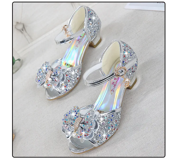 Летние сандалии для девочек золото серебро кожаные туфли на высоком каблуке Детские с перламутровым блеском блесток Принцесса Вечерние обувь для девочек