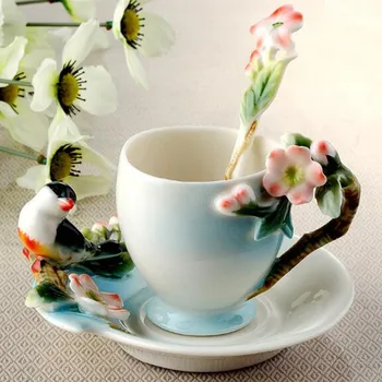 

Ceramic Cup Magpies Plum Blossom Enamel color Coffee Cup with Saucer and Spoon European Creative Tea cups