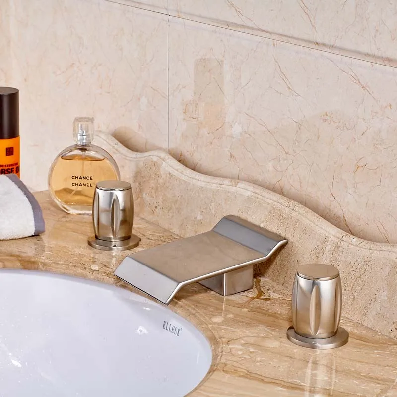 

Brushed Nickel Finished Deck Mounted Bathroom Sink Faucet Double Handles 3pc Mixer Tap