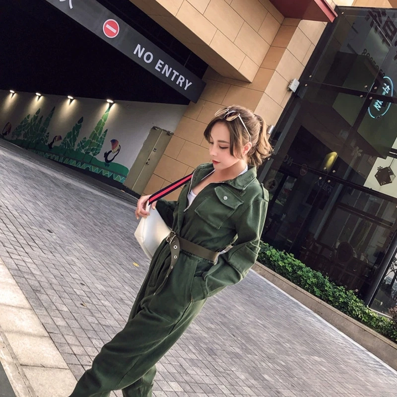 

Pocket Tooling Jumpsuit Women Spring Autumn Army Green Multi Pockets Loose Chic Long Sleeve Casual Nine Pants Jumpsuits DS50363