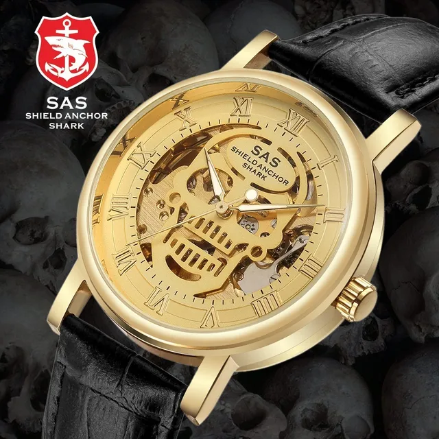 SAS Shield Anchor Shark Vintage Watch Mechanical Skull Skeleton Steampunk Watch Men Fashion Design Leather Wristwatch Mens Watch