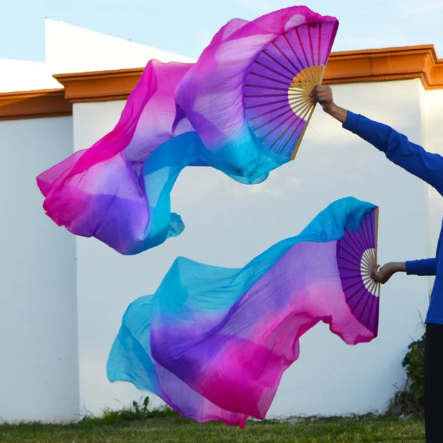 Unisex 100% Real/Imitation Silk Belly Dance Fans Hand Belly Dancing Fans Handmade Hand Dyed Silk Chinese Dance Veil Fan 180x90cm as picture-22