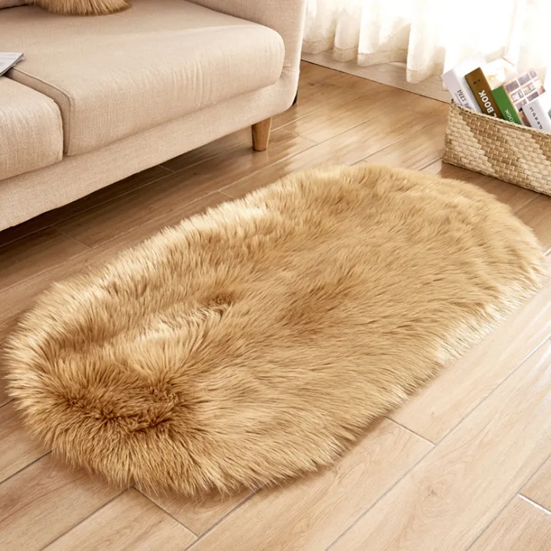 

High Pile Plush Carpets Oval Bedroom Bedside Rug Soft Easy Clean Artificial Wool Floor Mats For Household Living Room