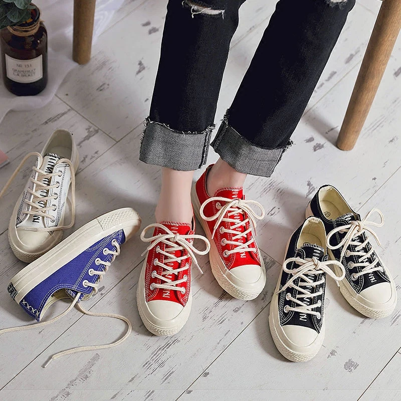 

M.GENERAL Women Shoes for Spring 2018 New Solid Color Female Casual Shoes Black Blue Red White Sneakers Lady Flats Lace Up 35-40