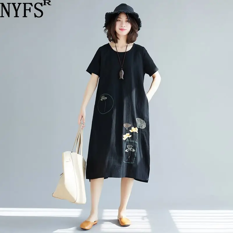 

NYFS 2019 New Summer dress Vintage Cotton Linen Women Dress Loose embroidery personality Long Dress Vestidos Robe Dresses
