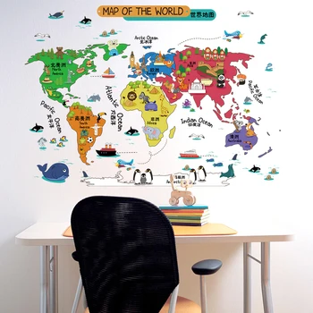 

Colorful world map wall sticker kids room self adhesive children's bedroom cartoon wall decals cute cartoon baby wall mural
