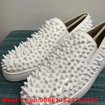 

Slip On White Cow Patent Leather Shoe Red Bottoms Low Cut Sneaker For Men Shoes Casual Messy Rivet Models Flat Loafers