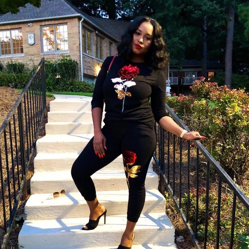 

2019 Spring Autumn Long Sleeve Tracksuit Sportswear Fashion Embroidery Sequined Flower Top+ pant 2pcs Women's Set Outfits Suit