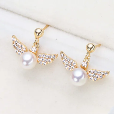 

2018 Elegant Gold Double Micro Pave Rhinestone Angel Wings Stud Earrings 925 Pearl Earrings For Women Jewelry