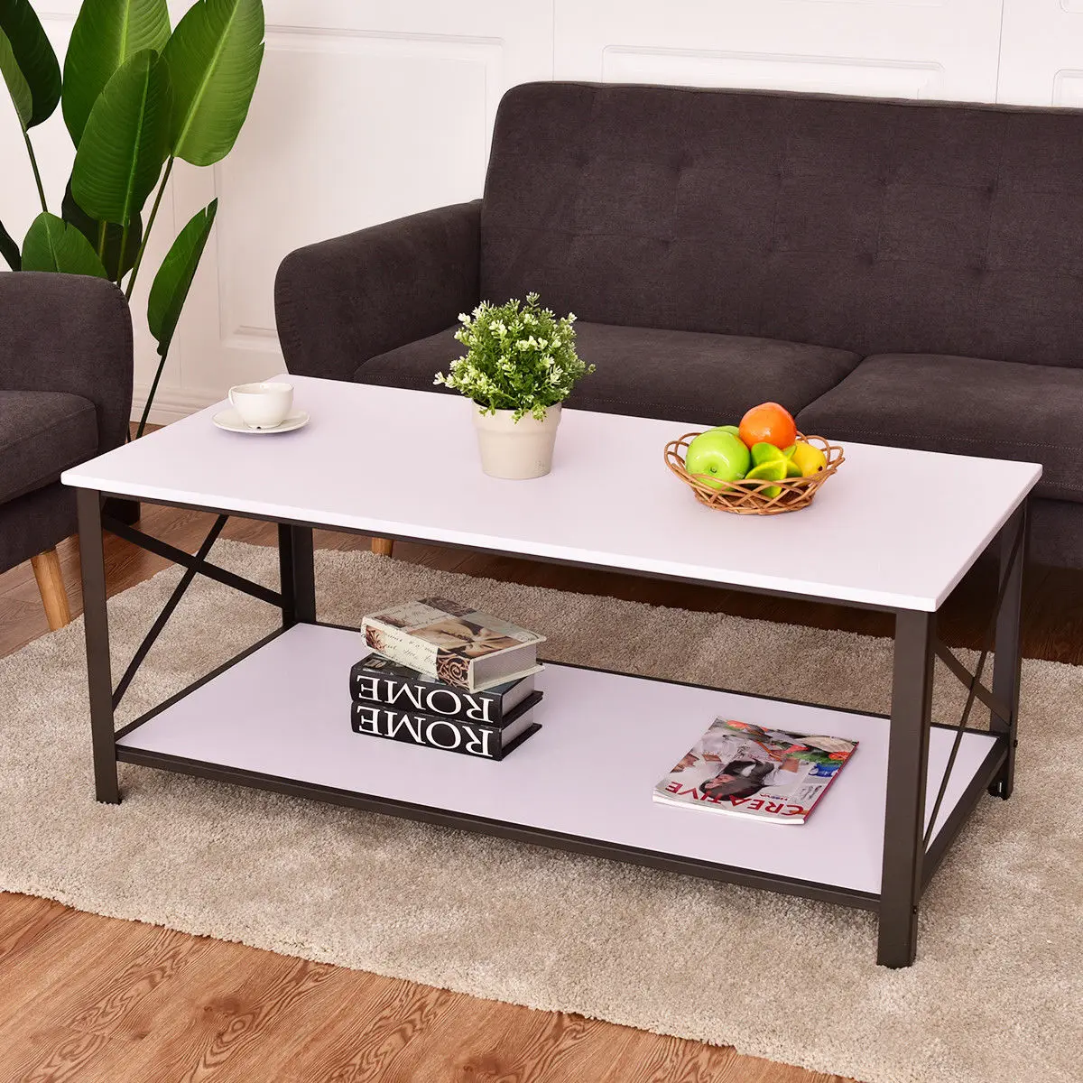 Giantex Wood Coffee Table Cocktail Side Accent Table Metal Frame with Storage Shelf White Living Room Furniture HW54329WH