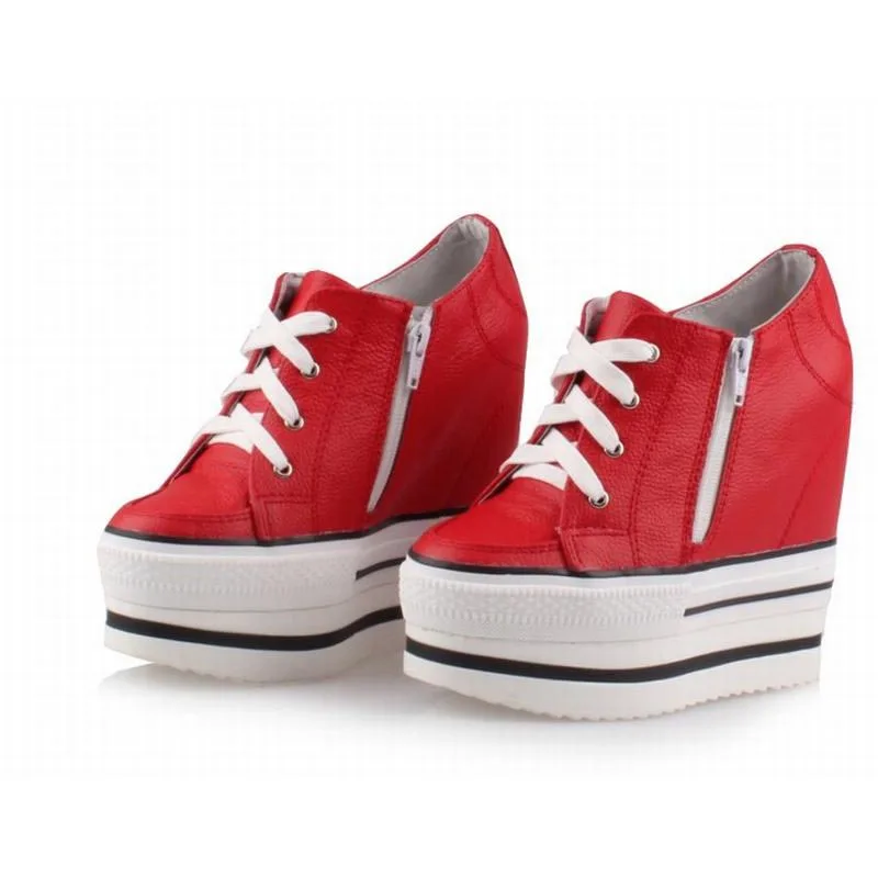 Black all Cuero white Gruesos Auténtico Moda Zapatos Transpirable Aumento Mujeres Up De La Solo Casual Cremallera Plataforma 100 red Black Cuñas Inferiores Altura Encaje tgHqn15xw