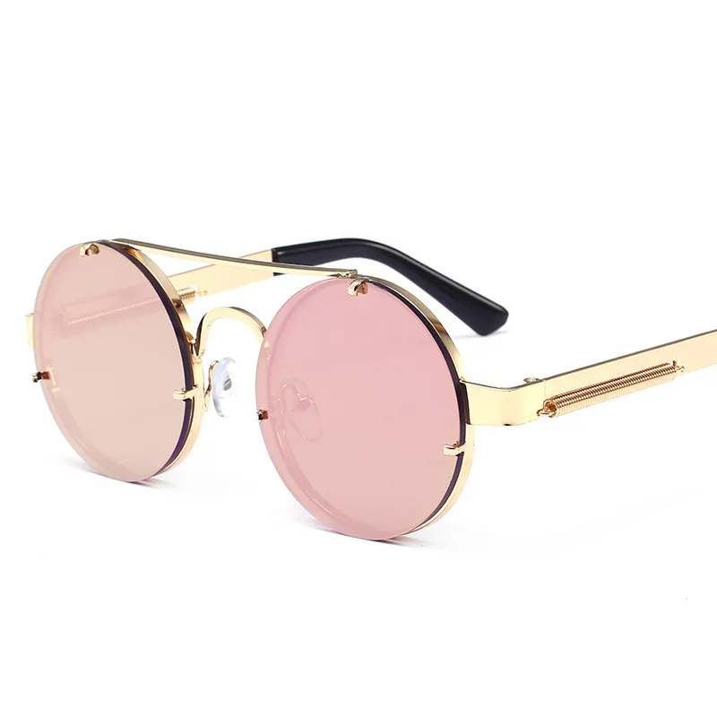 UVLAIK Vintage Steampunk Sunglasses Women Men Classic Metal Sun Glasses Ladies Round Style Steam Punk Sunglass UV400 Male Female - Цвет линз: Gold Pink