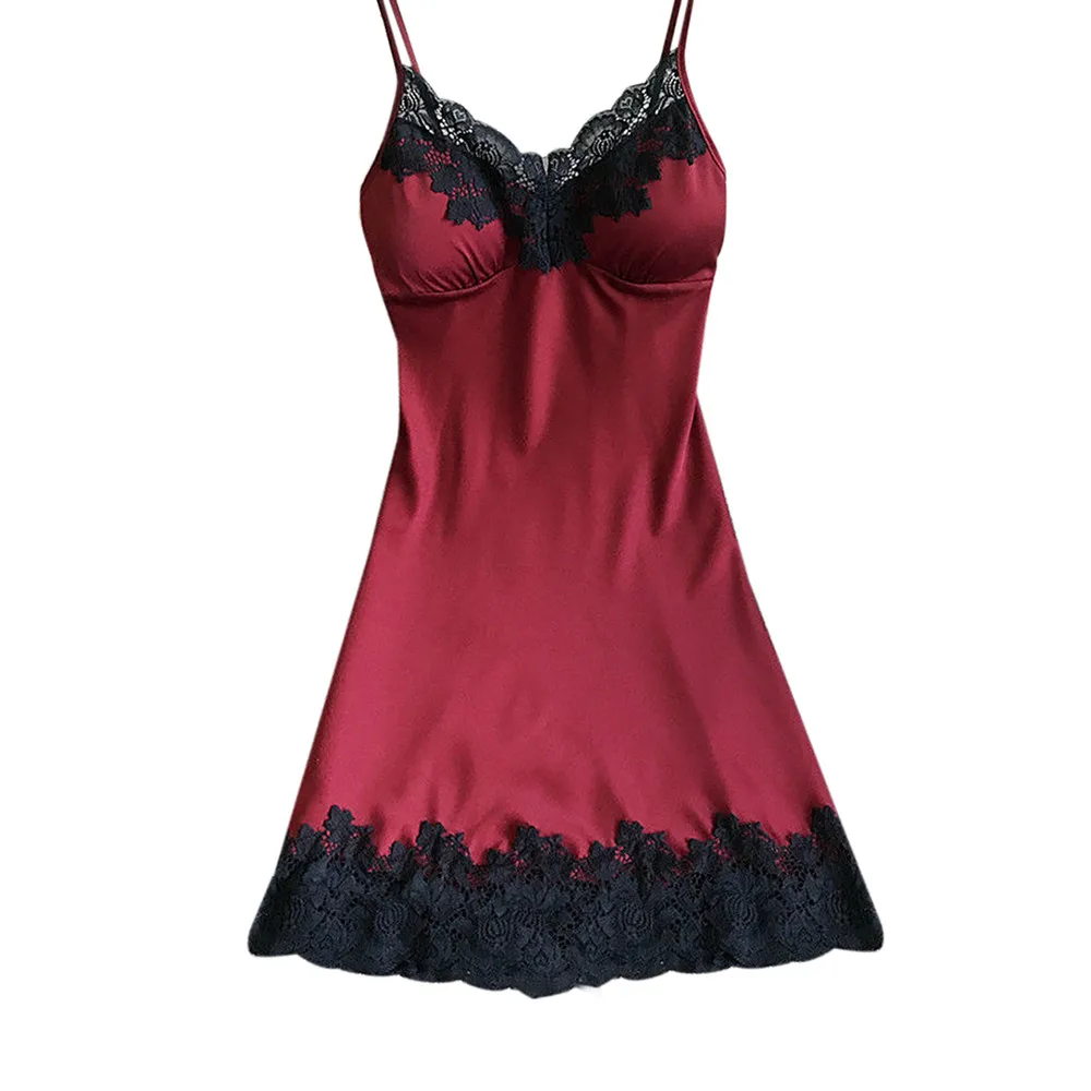 Женское сексуальное белье, шелковая ночная рубашка, летнее платье, кружевное Ночное платье, ночная рубашка, ночная сорочка, атласная Домашняя одежда, ночная рубашка - Цвет: Wine