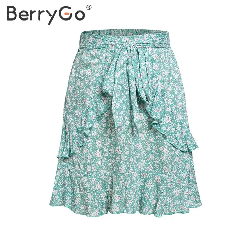 BerryGo летние женские юбки с цветочным принтом, мини юбка, милые зеленые короткие юбки на шнуровке, высокая талия, пляжная юбка в стиле бохо - Цвет: Зеленый