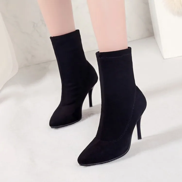 

Big Size 11 12 13 14 Short Fur Short Cylinder Elastic Boots with Suede Point and Fine heel and Super High-heel Sleeve