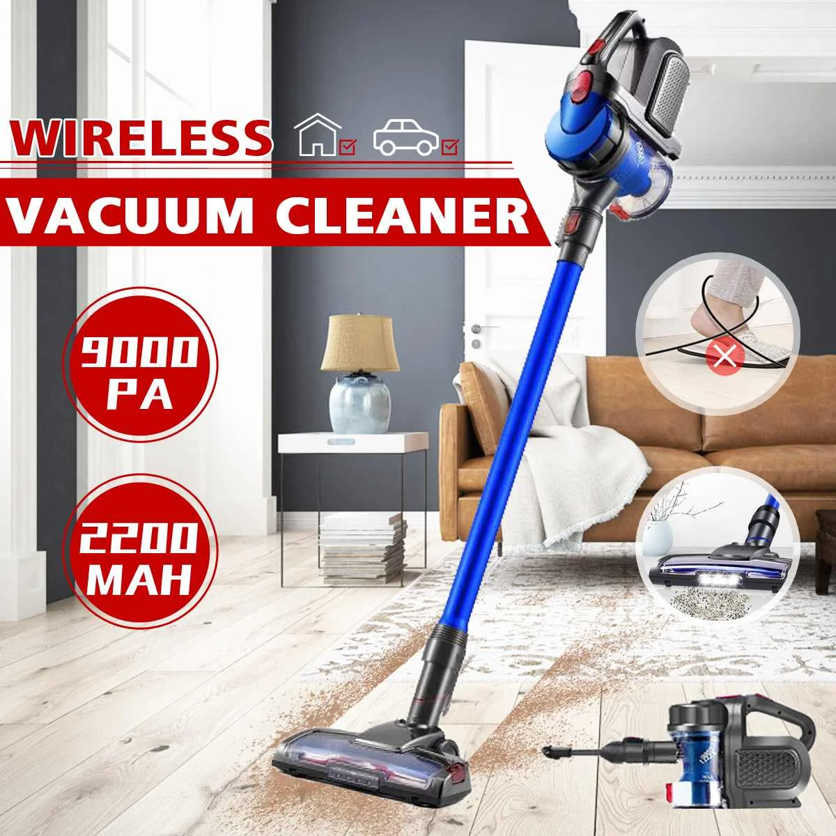 9000Pa Protable 2 In 1 Handheld Wireless Vacuum Cleaner Carpet Cleaner Cyclone Filter Strong Suction Sweeper Mopping Machine afbeelding