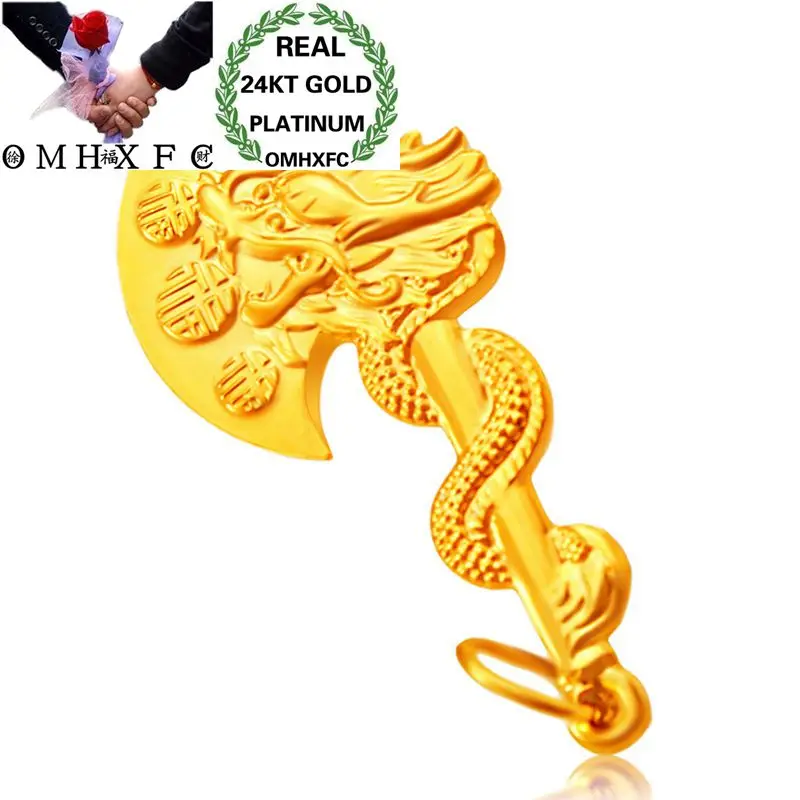

OMHXFC Wholesale European Fashion Woman Man Unisex Party Birthday Wedding Gift Dragon Hatchet 24KT Real Gold Charm Pendant PN195