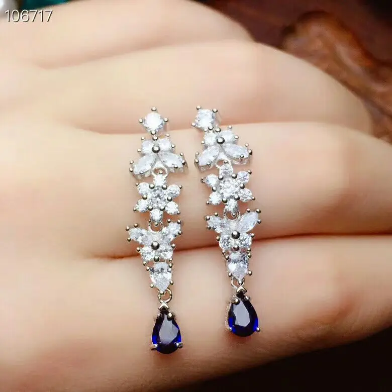 

[MeiBaPJ]Luxury Sri Lanka Sapphire Gemstone Long Drop Earrings Real 925 Silver Fashion Earrings Fine Charm Jewelry for Women