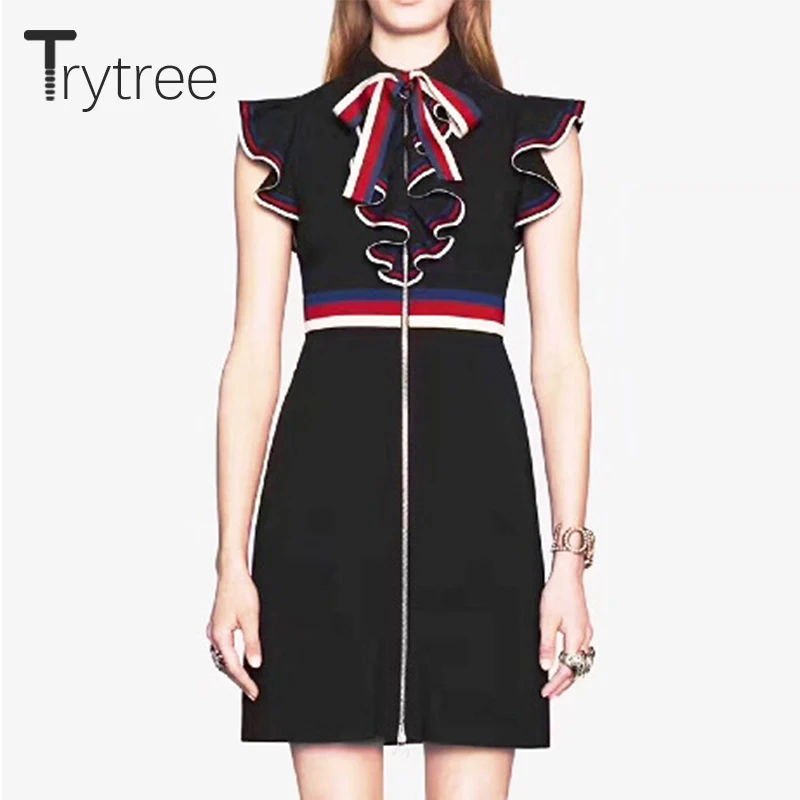 Trytree весенне-летнее платье Элегантное полиэстеровое Повседневное платье с бантом на воротнике однотонное Черное Женское Платье прямое платье с рукавом-бабочкой