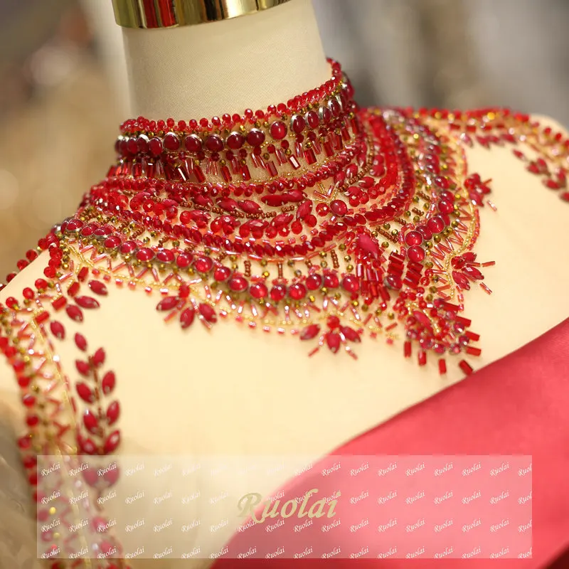 Red Satin Arabic Luxury Evening Dresses Long 2018 High Neck Long Sleeves Dubai Evening Gown Formal Party Dresses robe de soiree Red Satin Arabic Luxury Evening Dresses Long 2018 High Neck Long Sleeves Dubai Evening Gown Formal Party Dresses robe de soiree