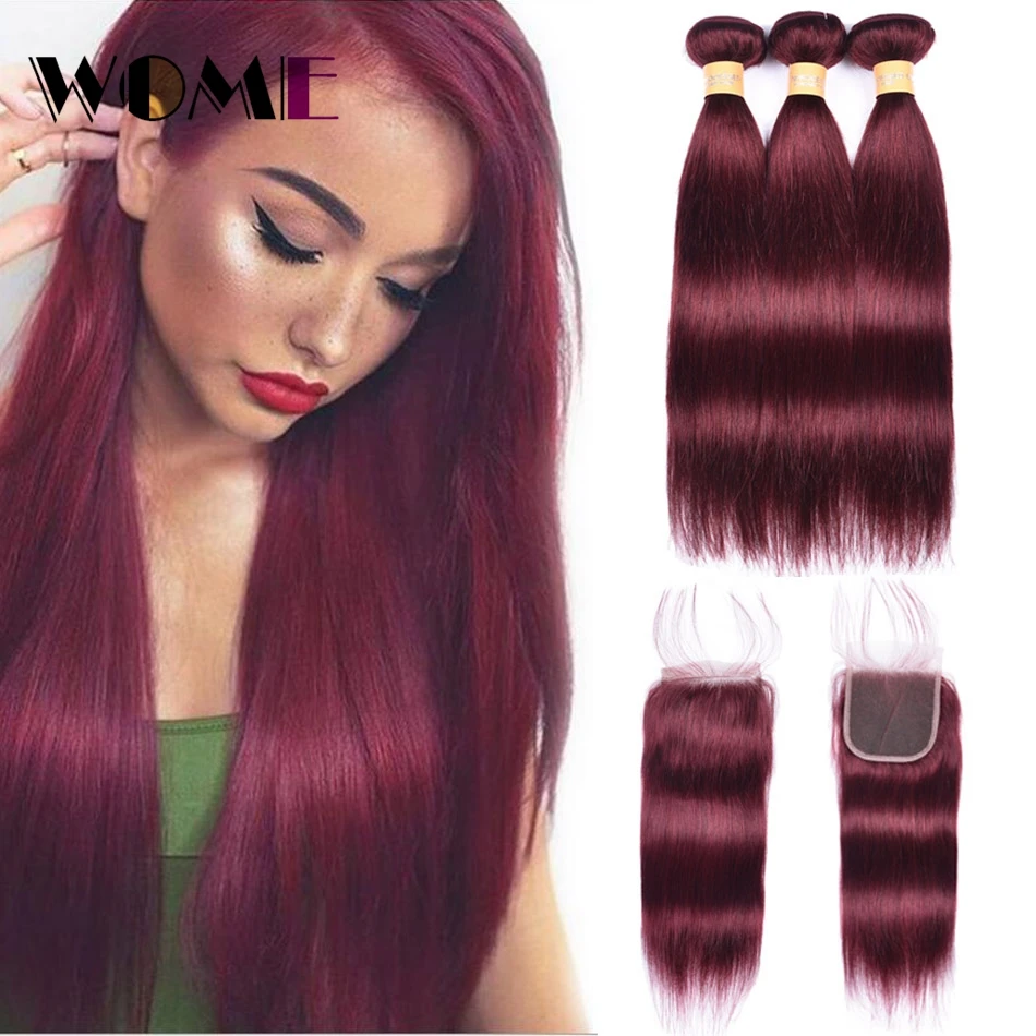 Wome Pre Colored 99J Dark Red Bundles With Closure Malaysian Hair Straight Bundles With Closure Non Remy Human Hair Pre Plucked Wome Pre Colored 99J Dark Red Bundles With Closure Malaysian Hair Straight Bundles With Closure Non Remy Human Hair Pre Plucked