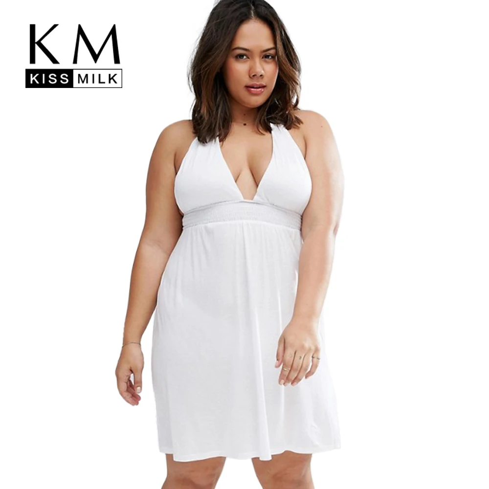 Kissmilk Plus Size Fashion Women Clothing Casual Solid Ruched Halter Mini Beach Dress Loose Sexy Big 3XL 4XL 5XL 6XL | Женская одежда