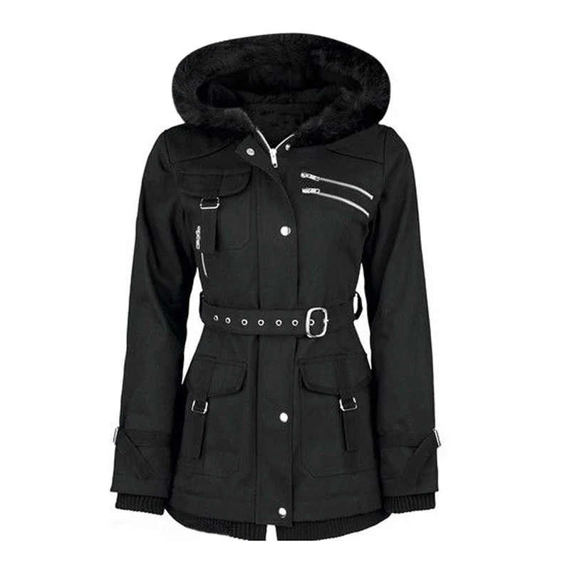 Зимние куртки повседневные готические зимние теплые OL тонкие с капюшоном на молнии однотонные Асимметричные черные простые пальто женские готические пальто