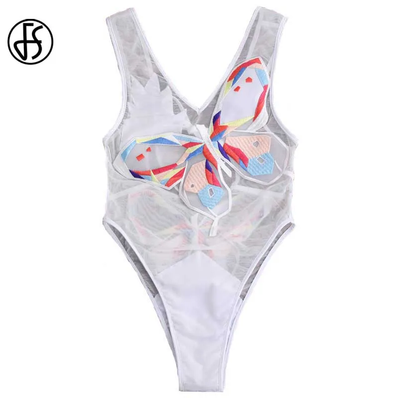 FS Butterfly Embroidery Transparent Mesh Tanks Swimsuit Bikinis Set Brazilian Swimwear Women