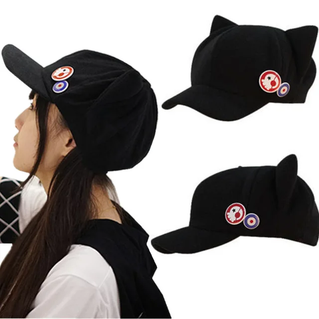

Anime Evangelion EVA Asuka Langley Soryu Hat Beanie Cat Ear with Badges Cosplay Accessories Black cap outdoor visor dome