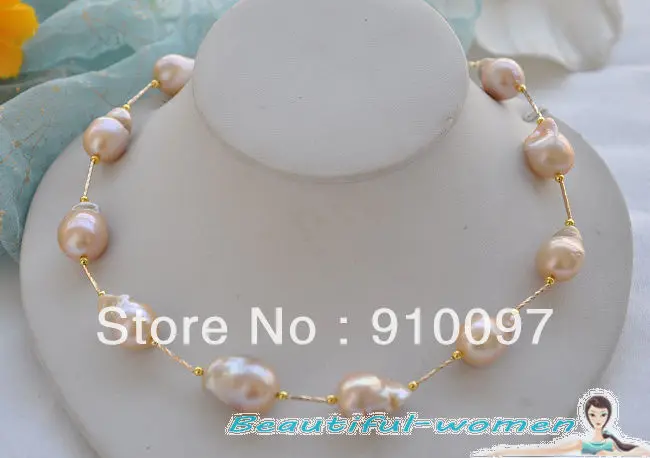 

free shipping >>>Huge 20" 32mm PINK baroque KESHI REBORN PEARL GOLDEN NECKLACE