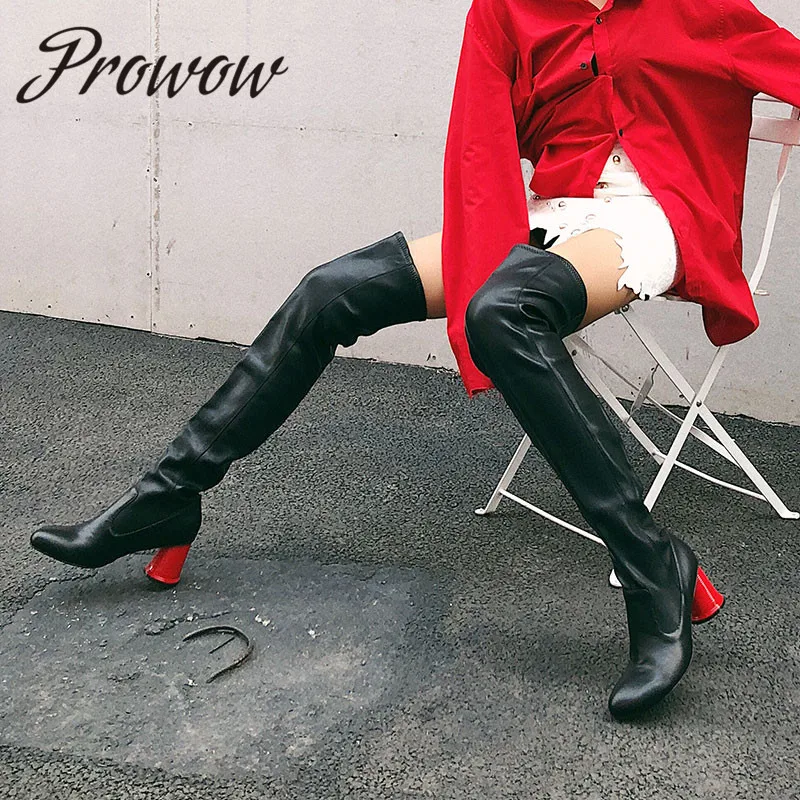 

Ppowow Leather Black Round Toe Gladiator Over The Knee HIgh Thigh High Boots Round Heel High Heel Autumn Winter Boots Shoes