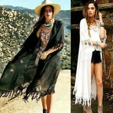 Для женщин кисточкой Для женщин пляжные UPS кардиган длинный топ прикрыть блузка сзади белый тонкий Летний Стиль Прозрачный Плавание крышка- до