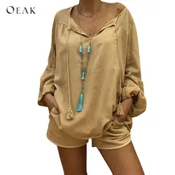 OEAK для женщин Повседневное рубашка с кисточками осень 2018 г. новые женские пикантные с v-образным вырезом фонари рукавом Blusas футболки плюс