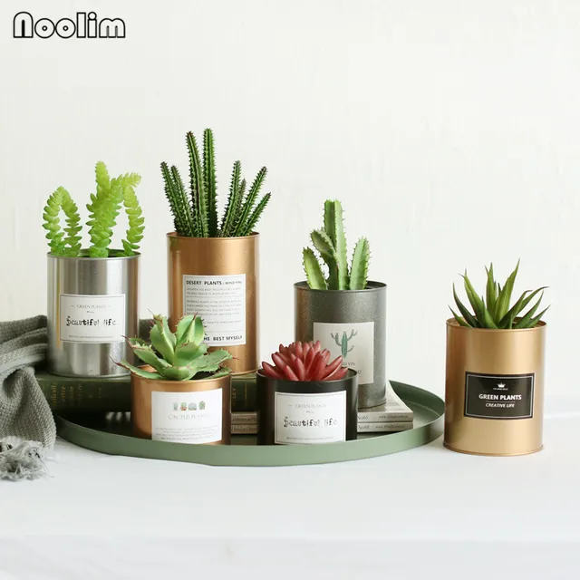 NOOLIM Tinplate Metal Flower Pot Succulent Creative Painting Iron Storage Container Metal Crafts Home Tabletop Decoration