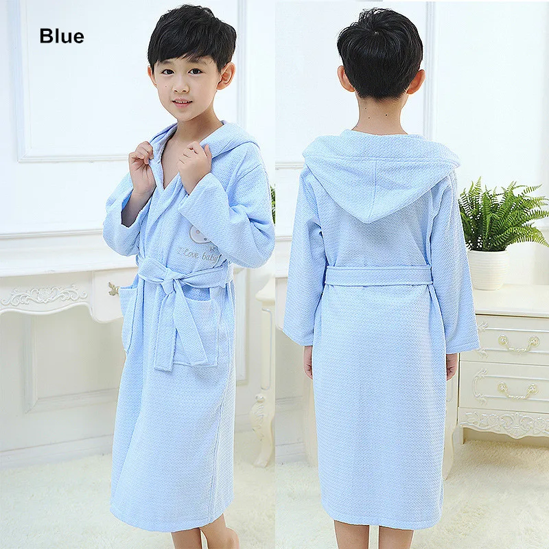 Child Bathrobe Sleepwear Robe Cotton Waffle  Roupao blue