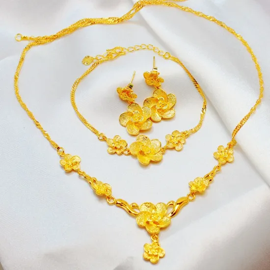 

FREE SHIPPING 24K Gold-plate Luxurious Three-piece/set Camellia Handmade in Hongkong Gold Shop Wedding Jewelry Set for Bride
