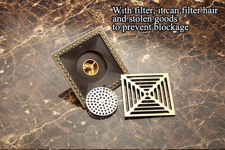 15 x 15 Square Bathroom Shower Drain Floor Drain Trap Waste Grate Antique Brass Grid Drain