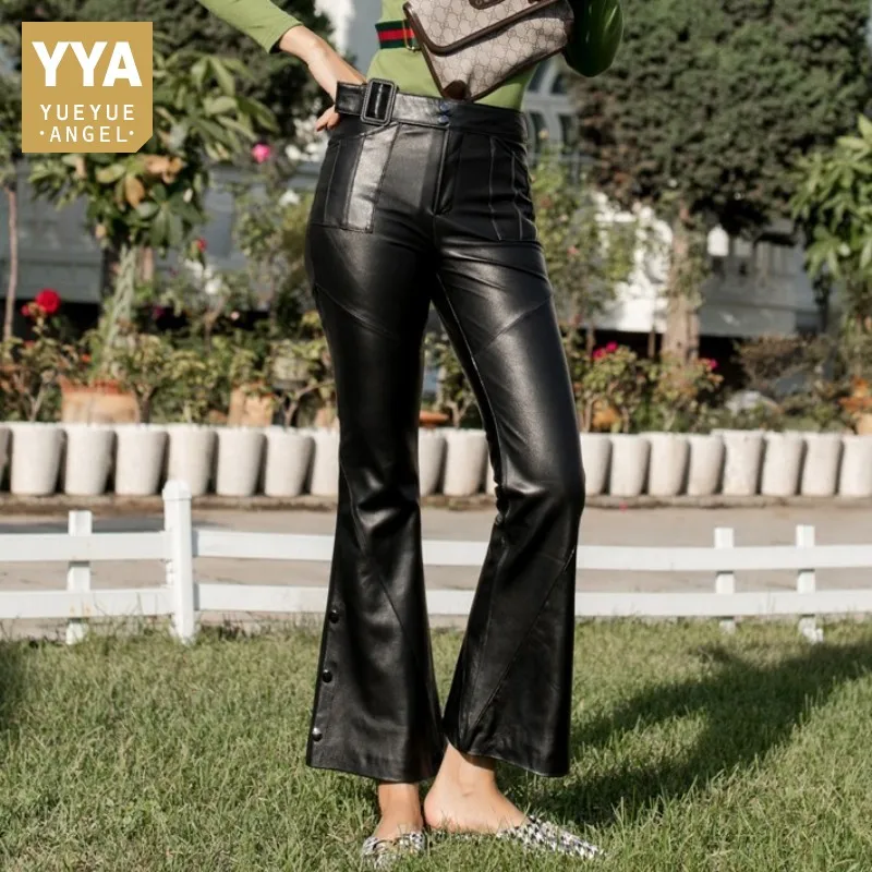 Осень 2019 г. Модные овечья кожа Модные Кожаные Брюки Skiny черные сапоги вырезать брюки для девочек Высокая талия Тонкий Твердые ботильоны