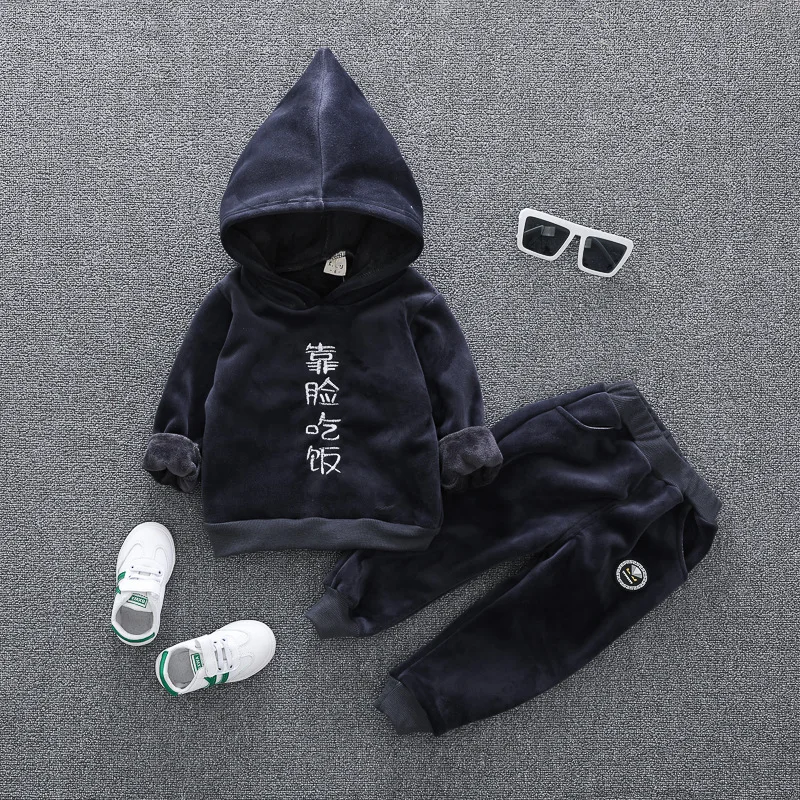 Baby Girl Boys Clothing Set Kids Casual Chinese Letter Hooded Velvet Autumn Spring Children's Sports Suits Clothes 1 2 3 4 Years