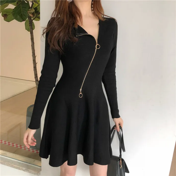 long sleeve black a line dress