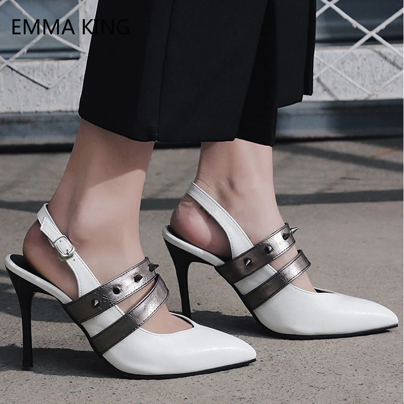Black Stiletto Heels Pumps Women Slingbacks High Heels Pointed Toe Rivets Night Out Party Shoes Leather Buckle Sandals Female Black Stiletto Heels Pumps Women Slingbacks High Heels Pointed Toe Rivets Night Out Party Shoes Leather Buckle Sandals Female
