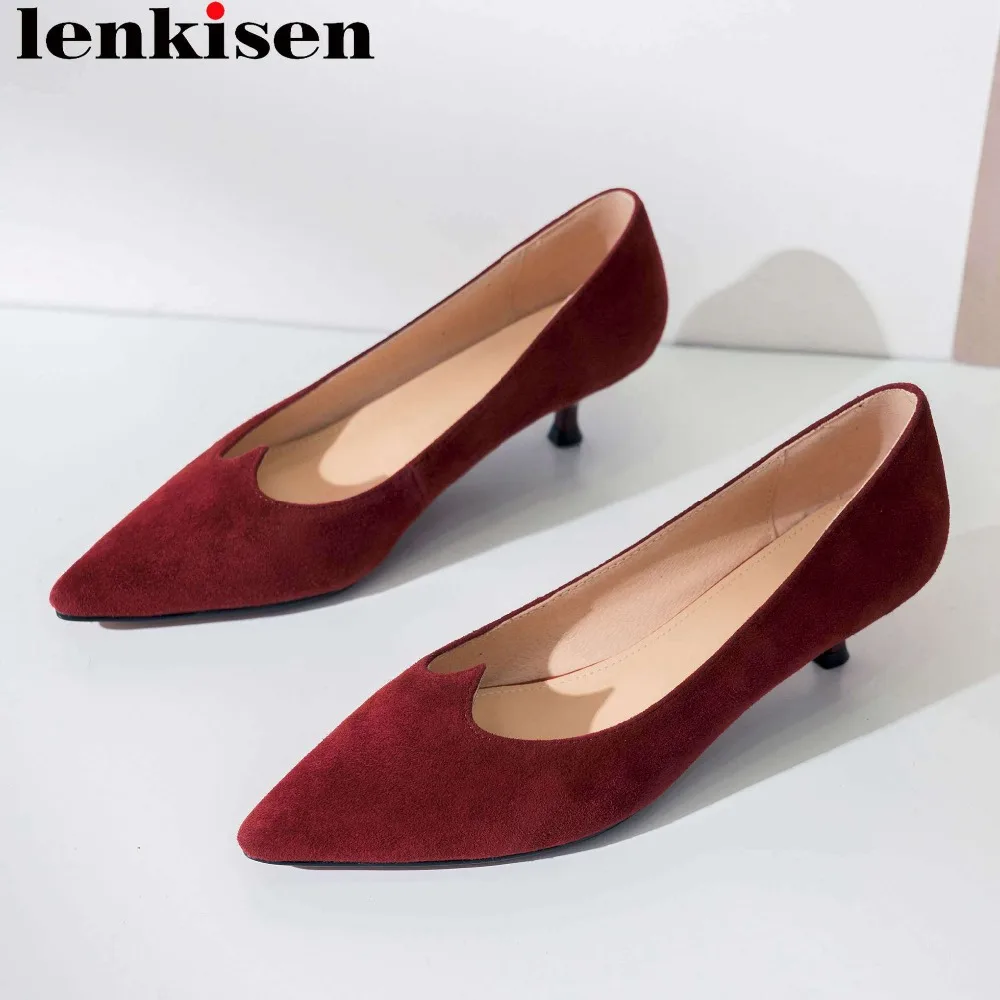 

Lenkisen genuine leather art design European movie stars kitten heels bride wedding party shallow pumps pointed toe shoes L65