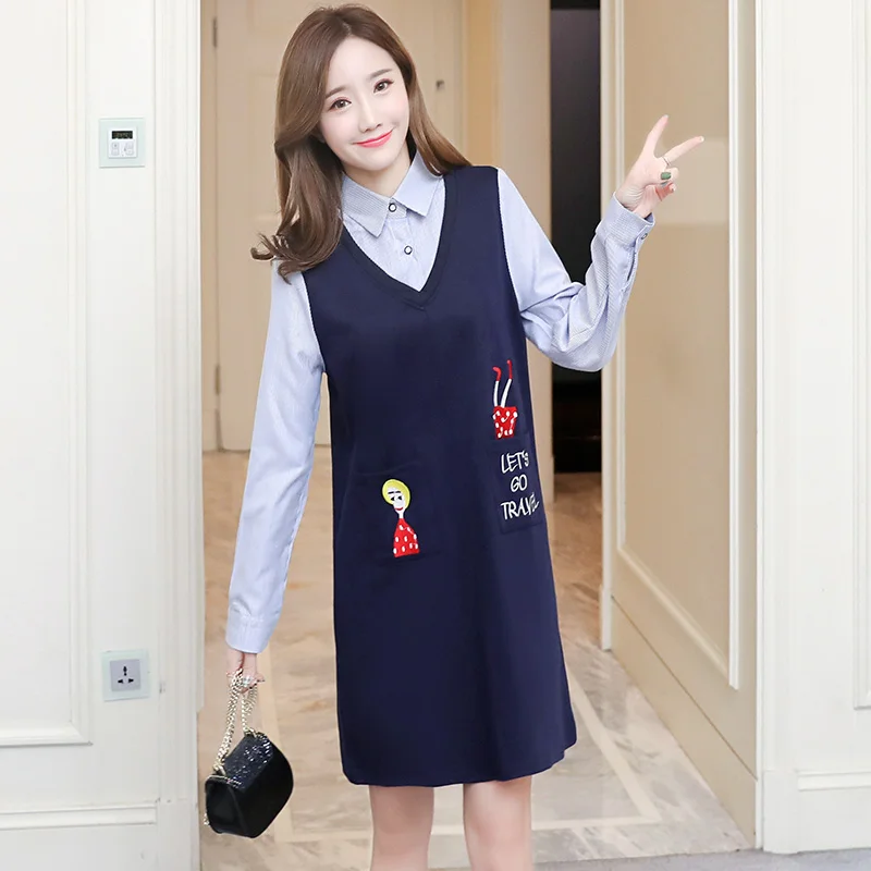 

2018 Spring and Autumn New Pregnant Women's Dress Autumn Dress Long Fashion Fake Two Shirts Loose Pregnant Women Dress