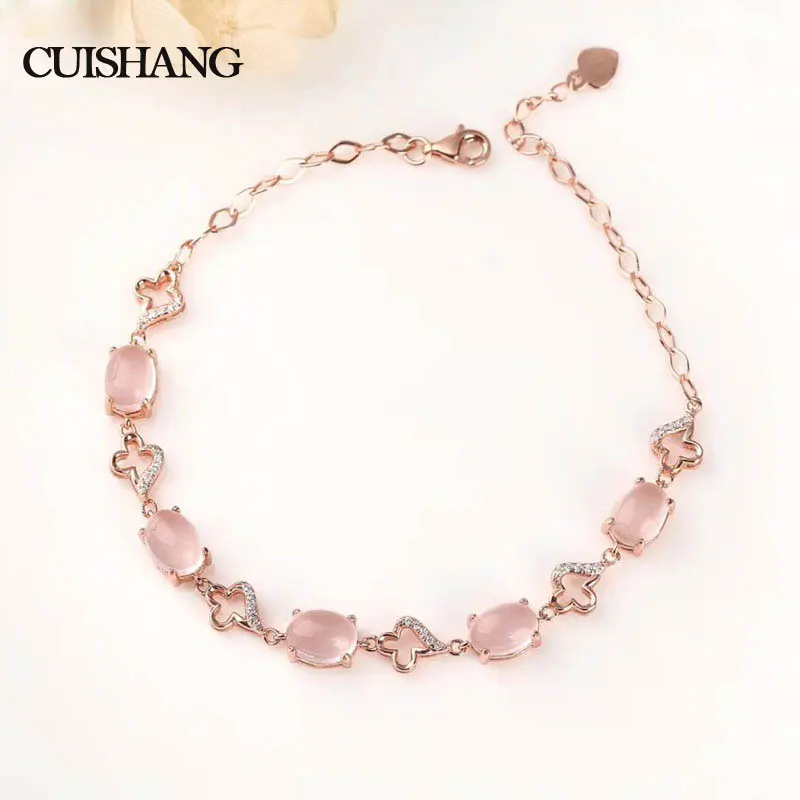 

CSJ New Design 925 Sterling Silver Fine Jewelry Bracelet Natural Gemstone Rose Quartz wedding Engagment for women